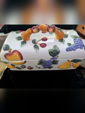 Hand-Painted Ceramic Fruit Bread Box - White with Multicolor Fruit Accents
